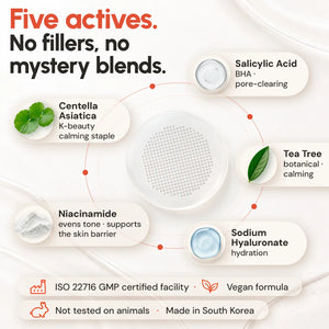 Five actives in OMMA Microdart Acne Patch: salicylic acid, tea tree, centella asiatica, niacinamide, sodium hyaluronate